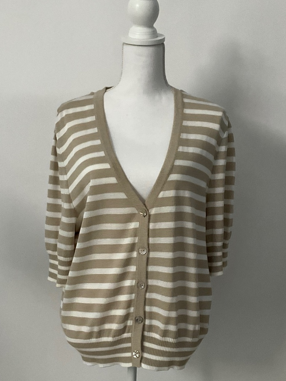 St. John Yellow Label XL Striped Knit Cardigan Sweater Wool Blend Beige White
